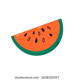 Watermelon slice with seeds, isolated vector oject, element. Simple illustration of colorful watermelon. Flat and doodle.
