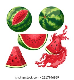 watermelon slice set cartoon. melon fruit, summer red, food green, fresh juicy, water piece, cut juice watermelon slice vector illustration