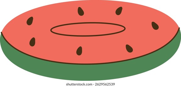 A watermelon slice is shown with a simple line drawing style and a minimalist approach. This juicy summer fruit is depicted as a refreshing treat, perfect for hot days.