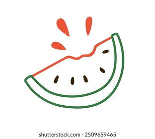 Watermelon slice in simple doodle style. Juicy fruit, cut wedge piece, summer exotic food, kids sketch drawing. Outlined contoured childish flat vector illustration isolated on white background