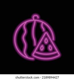 Watermelon with slice simple icon vector. Flat design. Purple neon on black background.ai