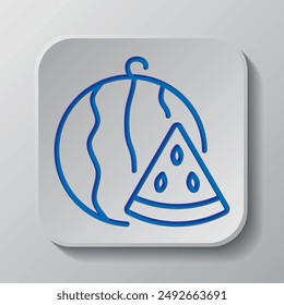 Watermelon with slice simple icon vector. Flat design. Paper cut design. Cutted blue symbol with shadow. Gray badge button, gray background.ai