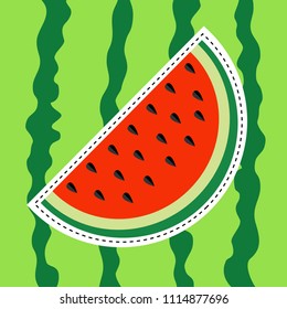 Watermelon slice sticker icon. Dash line. Cut half seeds. Sweet water melon. Red fruit berry flesh. Natural healthy food. Tropical fruits. Green striped peel background Flat design Vector illustration