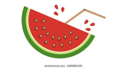 Watermelon slice with straw isolated on white background. Vintage retro icon a slice of juicy watermelon in flat style. Red and green color.