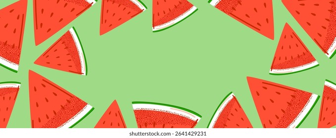 Watermelon slice summer background on green backdrop with copy space for text. Banner, poster, flyer, and summer-themed design