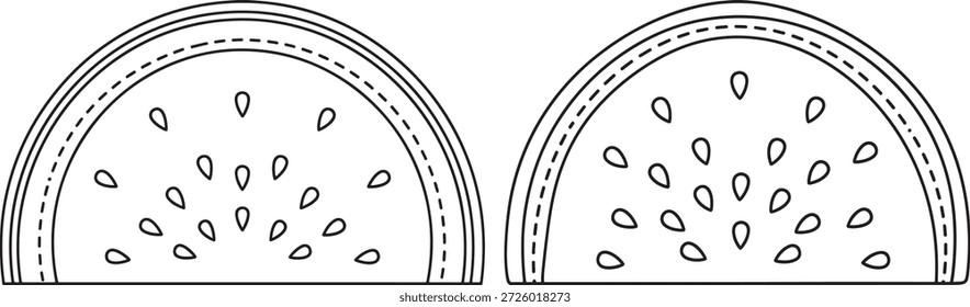 Dibujo de frutas de verano de rodajas de sandía. Ilustración vectorial en blanco y negro.