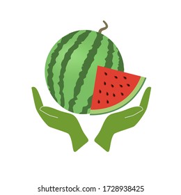 Watermelon and a slice with a supporting hand. Vector illustration
