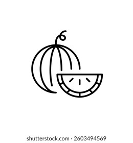 Watermelon and slice. Sweet fruits, fresh slices of dessert. Tropical groceries. Healthy eating, shopping for vegans and vegetarians. Pixel perfect, editable stroke vector icon