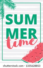 Watermelon slice with text lettering Hello Summer. Summertime concept. Vector illustration.