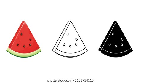 Watermelon Slice Trio – A todo color, contorno y silueta EPS 10

