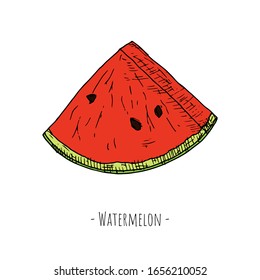 Wassermelonscheibe. Cartoon-Illustration der Vektorillustration. Einziger Gegenstand auf weißem Hintergrund. Handgezeichnet.