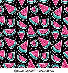 watermelon slice vector colorful tropical fresh fruit seamless pattern isolated in black background