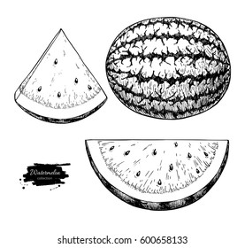 Watermelon and slice vector drawing set. Isolated hand drawn berry on white background.  Summer fruit engraved style illustration. Detailed vegetarian food. Great for label, poster, print