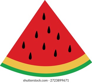Ilustração de vetor de fatia de melancia. Frutos vermelhos frescos com casca verde e sementes pretas isoladas em branco. Gráficos de comida de verão para lanches saudáveis, logotipos de barra de suco e produtos orgânicos.