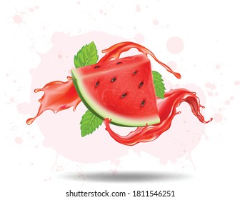 Watermelon slice vector illustration with a liquid wave of watermelon juice