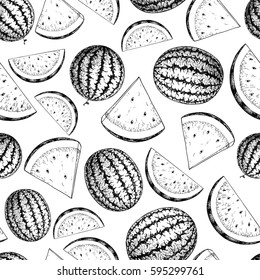 Watermelon and slice vector seamless pattern. Isolated hand drawn berry background.  Summer fruit engraved style illustration. Detailed vegetarian food. 