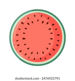 Watermelon slice with vibrant green rind and red flesh with black seeds. Flat vector illustration. Summer fruit drawing for food graphic, menu, icon, logos postcard, greeting card, invitation or print