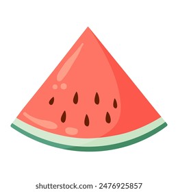 Watermelon slice with vibrant green rind and red flesh with black seeds. Flat vector illustration. Summer fruit drawing for food graphic, menu, icon, logos postcard, greeting card, invitation or print