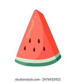 Watermelon slice with vibrant green rind and red flesh with black seeds. Flat vector illustration. Summer fruit drawing for food graphic, menu, icon, logos postcard, greeting card, invitation or print