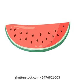 Watermelon slice with vibrant green rind and red flesh with black seeds. Flat vector illustration. Summer fruit drawing for food graphic, menu, icon, logos postcard, greeting card, invitation or print