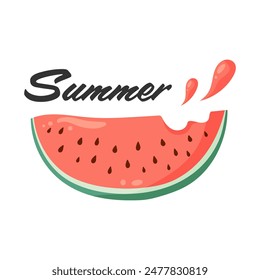 Watermelon slice with vibrant green rind and red flesh with black seeds and Summer lettering. Flat vector illustration for postcard, greeting card, invitation, seasonal print, poster.