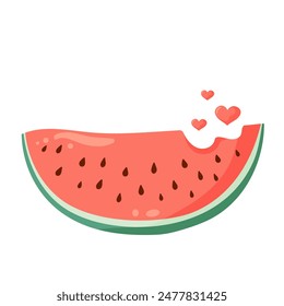 Watermelon slice with vibrant green rind and red flesh with black seeds and small hearts. Flat vector illustration for postcard, greeting card, invitation, seasonal print, poster.