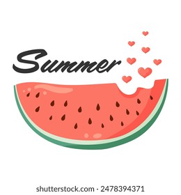 Watermelon slice with vibrant green rind and red flesh with black seeds with small hearts and Summer lettering. Flat vector illustration for postcard, greeting card, invitation, seasonal print, poster