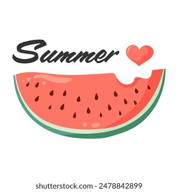 Watermelon slice with vibrant green rind and red flesh with black seeds with small heart and Summer lettering. Flat vector illustration for postcard, greeting card, invitation, seasonal print, poster.