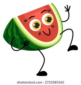 Watermelon slice walking. Smiling red kawaii emoji