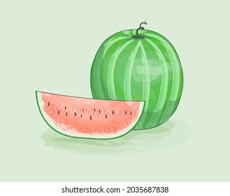 Watermalon y rebanar la acuarela con contorno sólido de tinta. Jugosa, fruta fresca.