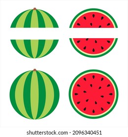 Pieza de sandía e ilustración plana completa de la sandía, división de la sandía 