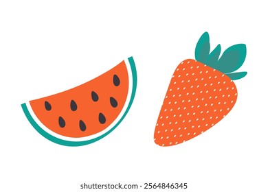 Watermelon slice and whole strawberry Ripe summertime berries. Healthy eating cards design elements