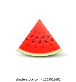 Watermelon sliced fruit juicy piece of cut isolated on white background. Vector realistic wedge of fresh ripe sweet watermelon fruit. 3d realistic icon