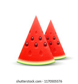 Watermelon sliced fruit juicy pieces of cut isolated on white background. Vector realistic wedge of fresh ripe sweet watermelons fruit. 3d realistic icon