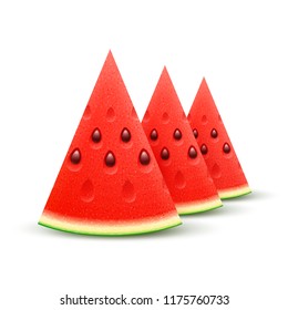 Watermelon sliced fruit juicy pieces of cut isolated on white background. Vector realistic wedge of fresh ripe sweet watermelons fruit. 3d realistic icon