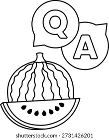 A watermelon is sliced in half and has two speech bubbles, one with the letter Q and the other with the letter A. The bubbles are placed in the middle of the watermelon