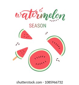 Watermelon sliced hand drawn vector illustration with hand lettering
