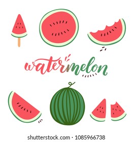 Watermelon sliced hand drawn vector illustration with hand lettering