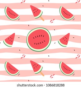 Watermelon sliced hand drawn vector illustration pattern