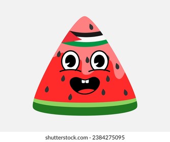 Watermelon sliced with Palestinian flag on head. Illustration of a watermelon with seeds and emoticon. Flat vector with green, red, pink.