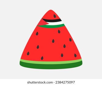 sandía cortada con la bandera palestina en la cabeza. Ilustración de una sandía con semillas. Vector plano con verde, rojo, rosa.