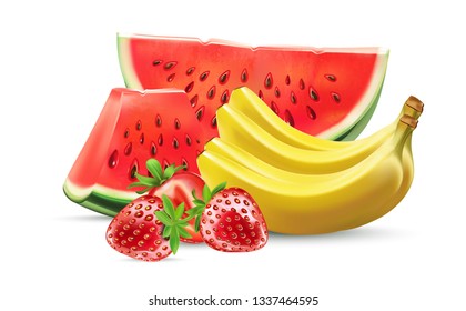 Watermelon sliced of piece with bananas and strawberry isolated on white background. Realistic vector 3D illustration. Of free space for your texts and branding.