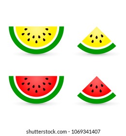 Watermelon sliced ripe icon, vector isolated set in white background. Vector red and yellow melon illustration.