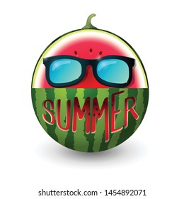 Watermelon sliced with sunglasses and carved text summer - vector illustration isolated on white background