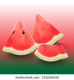 Watermelon slices 3d realistic transparent isolated vector. Full and eating piece of juicy water melon.