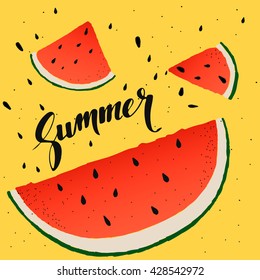 Watermelon slices background. Vector summer background with hand drawn slices of watermelon and hand lettering "Summer". Vector.