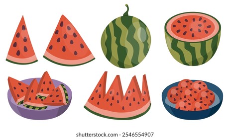 Watermelon slices, balls, whole watermelon, fruit set in flat style isolated on  white.