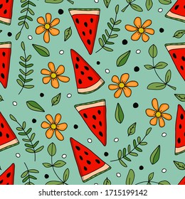 Watermelon slices with brunches, leaves and flowers on green background. Vector seamless pattern. Cartoon style. Design for banners, posters, fabric, textile, prints, packaging, scrapbooking.