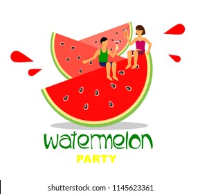Watermelon slices with cartoon characters. Vector illustration of watermelon party.