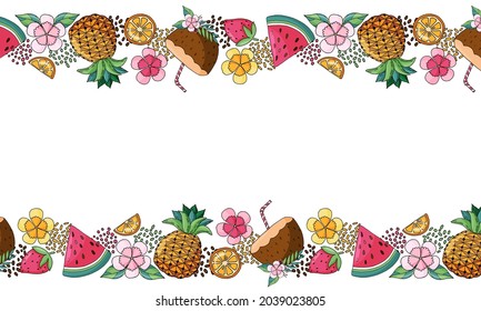 watermelon slices, coconut, lemon and orange slices, pineapple, strawberries, tropical flowers and leaves fulcolor summer vector frame